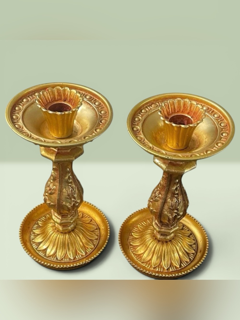 Pair of Ornate Hollywood Regency Brass Candle Holders Candlesticks - Signed MCM